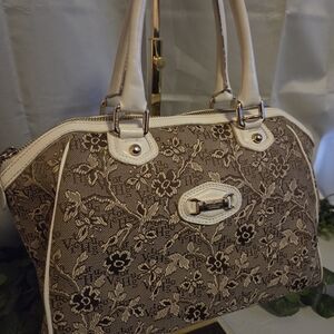 Victor Hugo Jacquard Floral Satchel Bag Cream Leather Trim Italian Fabric Y2K